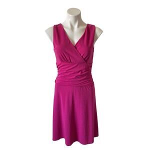 Garnet Hill Sleeveless Knit Dress Surplice Ruched Waist Small Pink Stretch